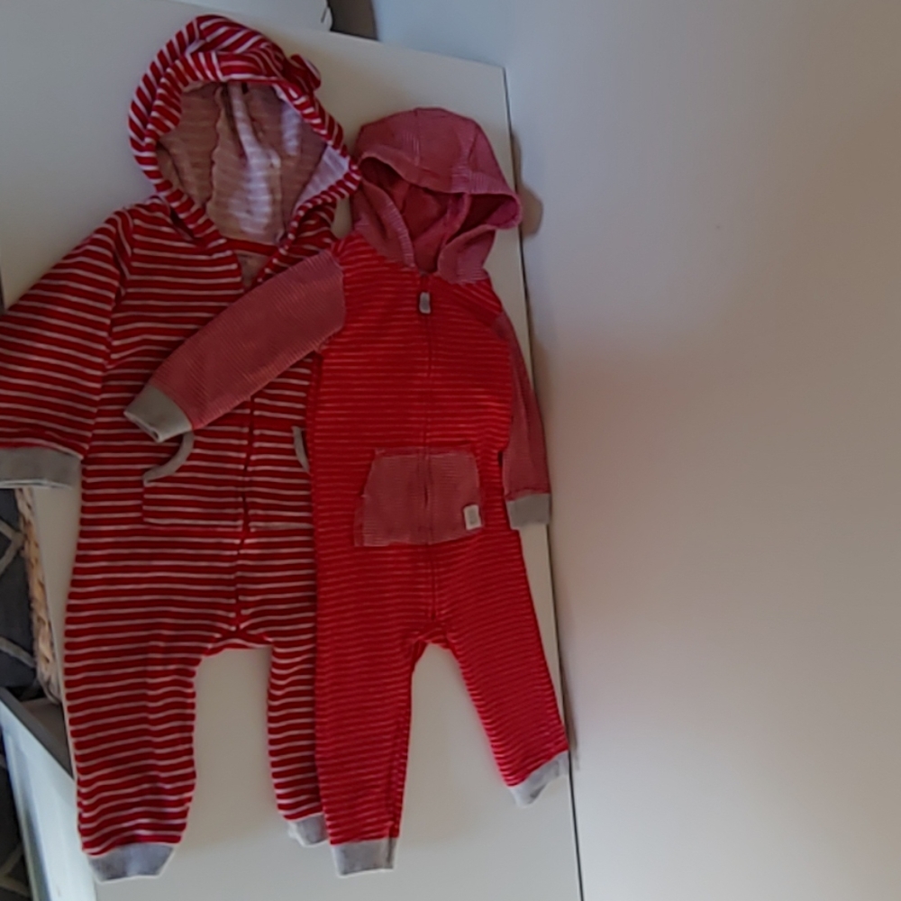 Two red and grey striped onsies